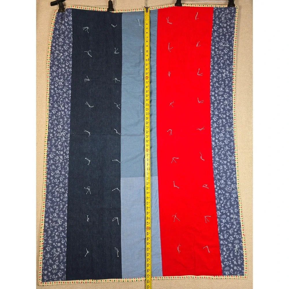 Vintage Hand Tied Denim Quilt Throw Multi Texture Patchwork Red Corduroy 41.5x58